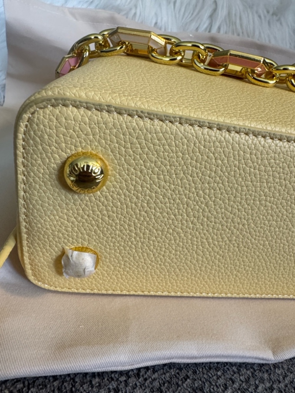 Bag yellow top Handle Satchel with Pink Chain Accents - Picture 12 of 14